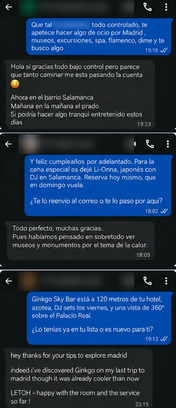 Conversaciones reales por WhatsApp con huéspedes, nombres ocultos